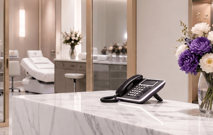 Luxury medspa reception desk with marble counter, premium phone glowing, treatment room visible through frosted glass, mauve floral arrangement in foreground